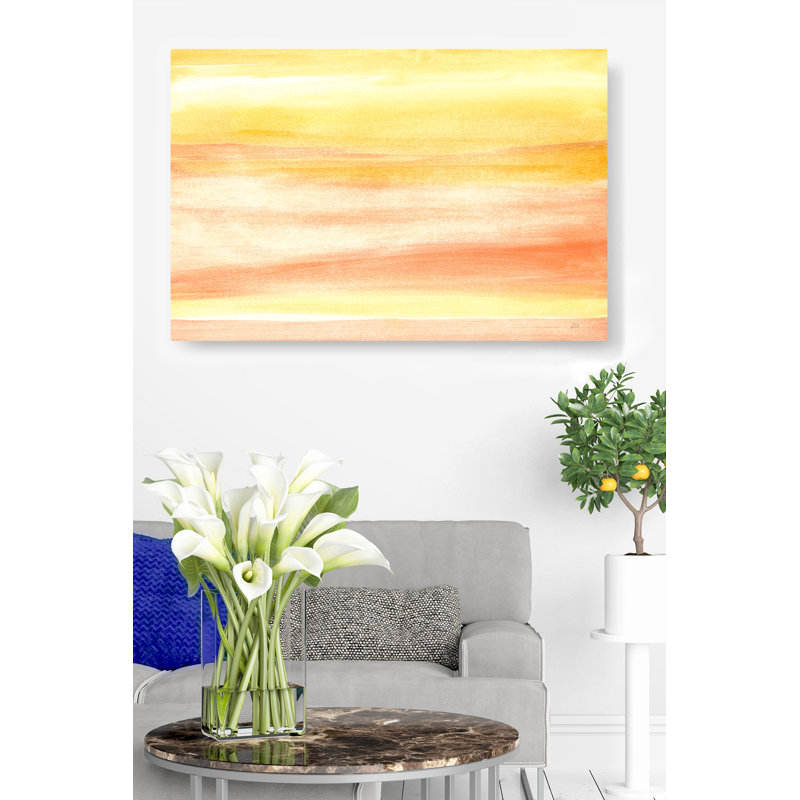 Aquarelle orange, jaune et or II, larges coups de pinceau, abstrait, H 24 po x l 48 po x P 1,5 po