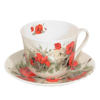 Tasse à thé et soucoupe de Roy Kirkham-Poppy, ensemble de 2 céramiques en porcelaine, fabriqué en Angleterre