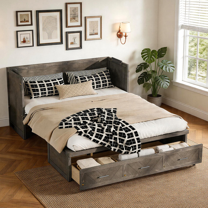 Grand lit escamotable avec grand tiroir de rangement, armoire murale en bois de pin avec station de charge USB intégrée, Grey