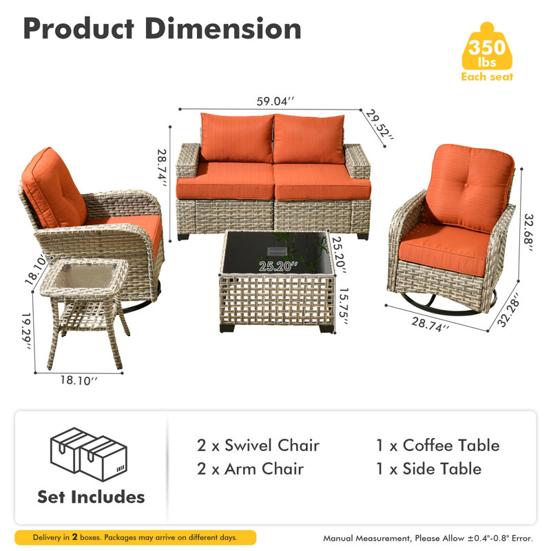 Carolle 6 Piece Sofa Seating Group With Fire Pit And Cushions, Orange/Red