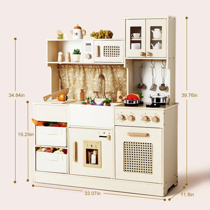 Kids Wooden Play Kitchen Set With Stove Sink And Ice Maker, Pretend Cooking Kitchen With Storage Bins And Accessories For Toddlers And Children