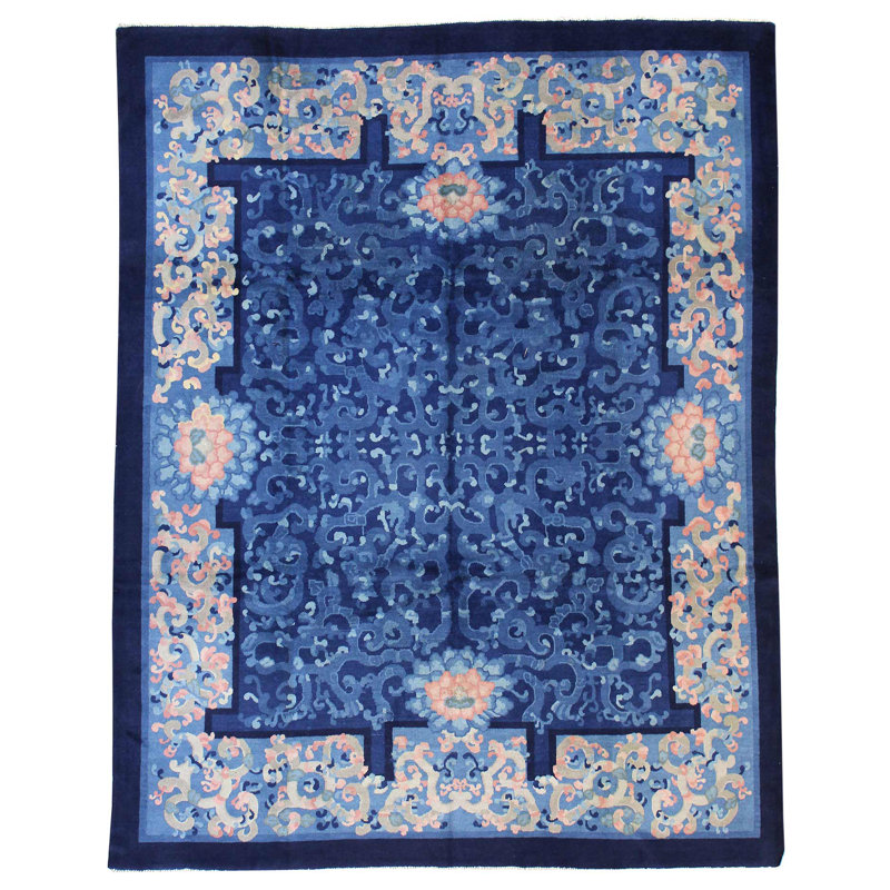 Tapis unique en laine noué à la main de 8 pi 1 po x 9 pi 9 po des années 1920 à Pékin - bleu / beige