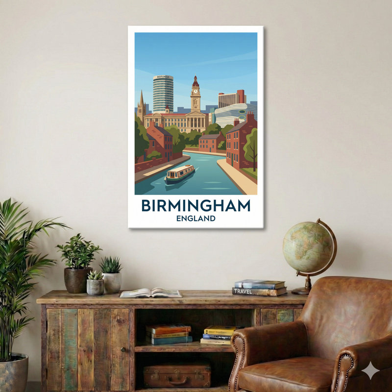 Birmingham, England - Canal Romance And City Skyline Travel Poster. Giclee Print On Wrapped Canvas. Wall Art, Home Decor - Cities & Towns, England - Wrapped Canvas Print