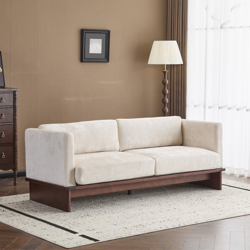 77 po Canapé rembourré carré à 3 places avec accoudoirs et base en bois massif, Beige