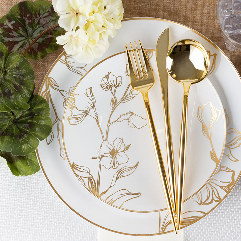 Assiettes en plastique blanches rondes de 9 pouces Ecoqualité avec motif floral doré antique 20 invités