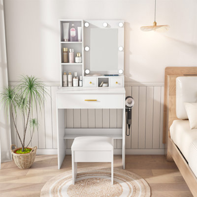 Vanity Table With Mirror & Adjustable LED Lights, Power Outlet, Hairdryer Holder & Stool – Compact Dressing Desk For Small Bedrooms(White)