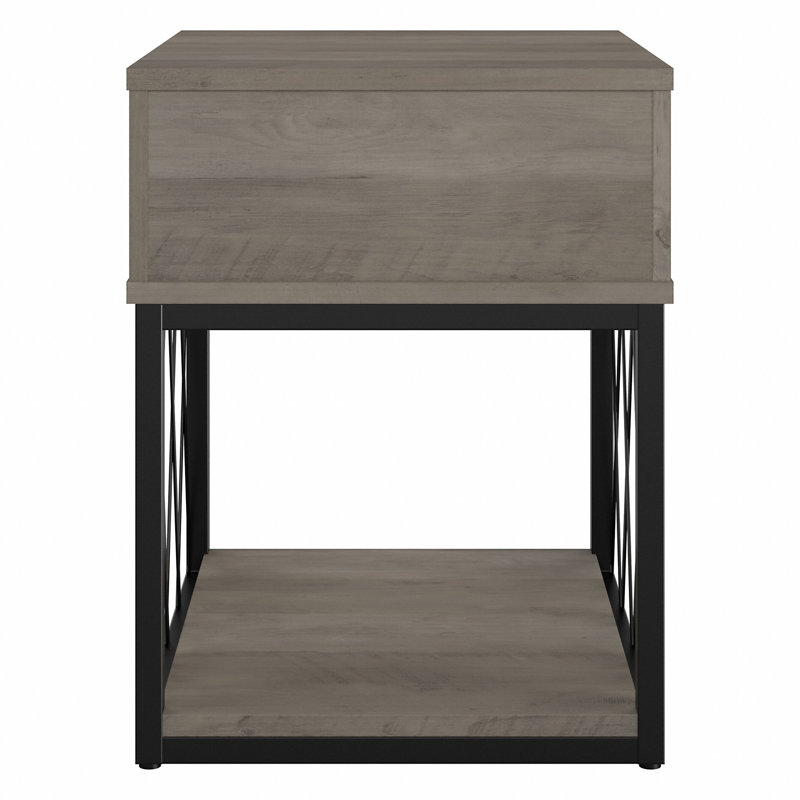 Driftwood Gray Industrial End Table with Storage Drawer