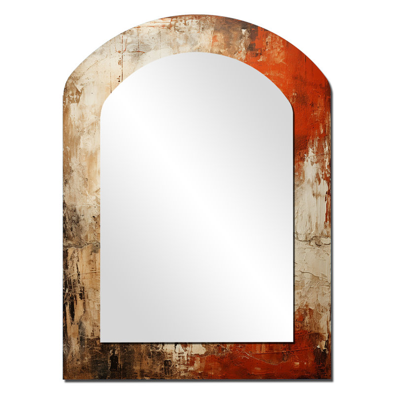 Orange Chaos Collage I - Abstract Collages Asymmetrical Mirror, Beige Arch Decorative Wall Mirror, Printed Metal Art