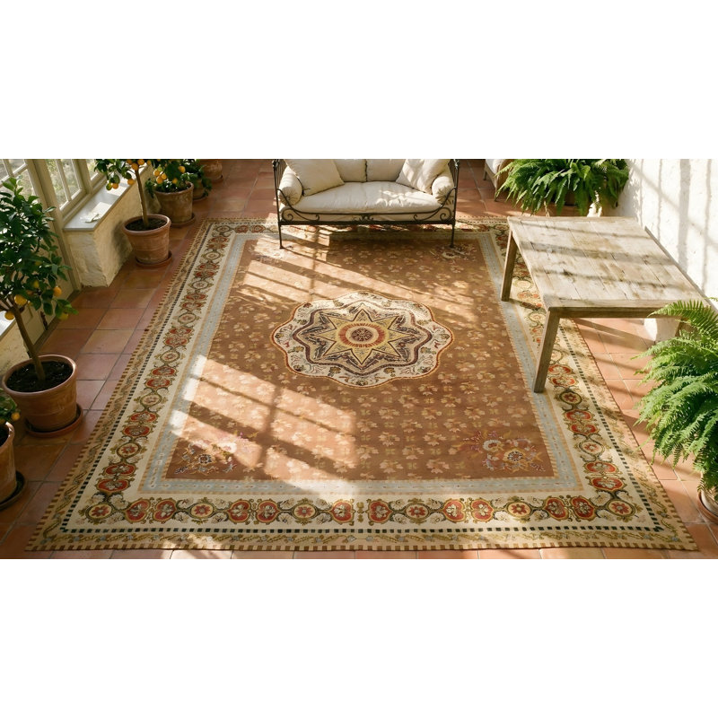 Antique Large Aubusson French Floral, Medallion Flat Weave Rug