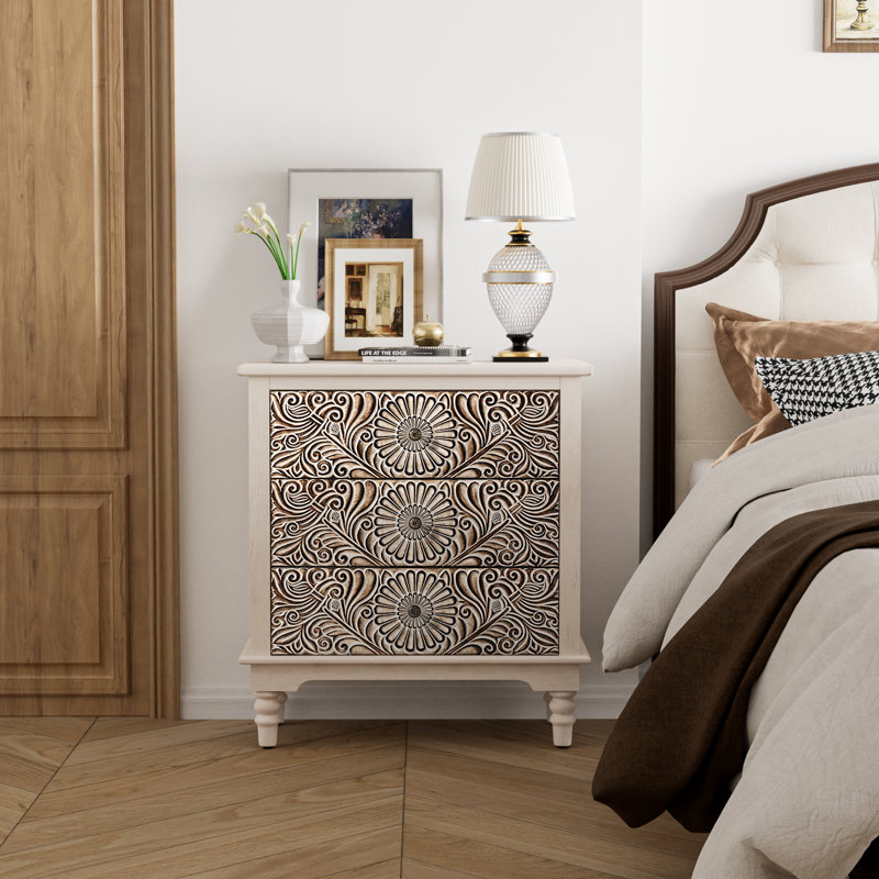  26”W Carved Wooden Nightstand with Three Drawers, Set of 2, Set of 2