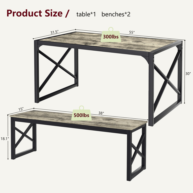 Grey 3-Piece Dining Table Set With Benches – Kitchen, Small Space, Farmhouse, 30" H x 31.5" W x 55" D