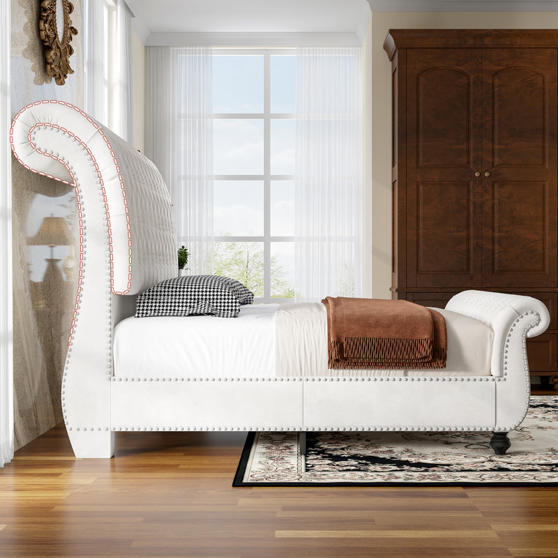 Velvet Upholstered Platform Sleigh Bed, White