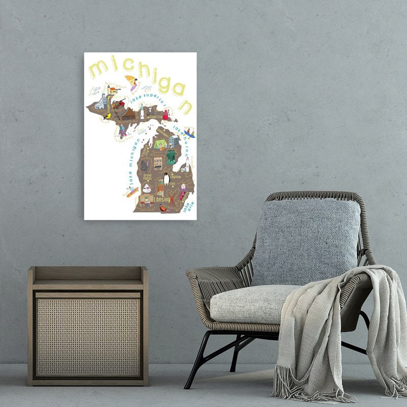 Illustrated Map Of Michigan Abstract Contemporary Architecture City Wall Art Print 1 Piece Wrapped Canvas Wall Art