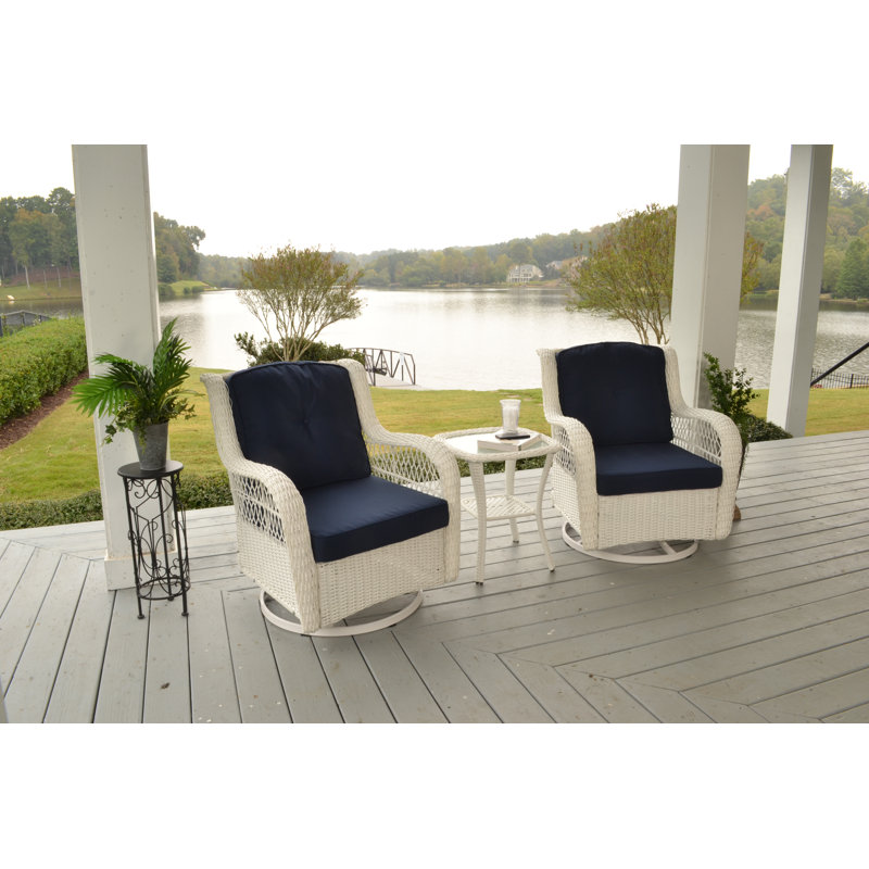 Rio Vista Swivel Premium All-Weather Wicker Outdoor Lounge Chair, White, Navy Blue