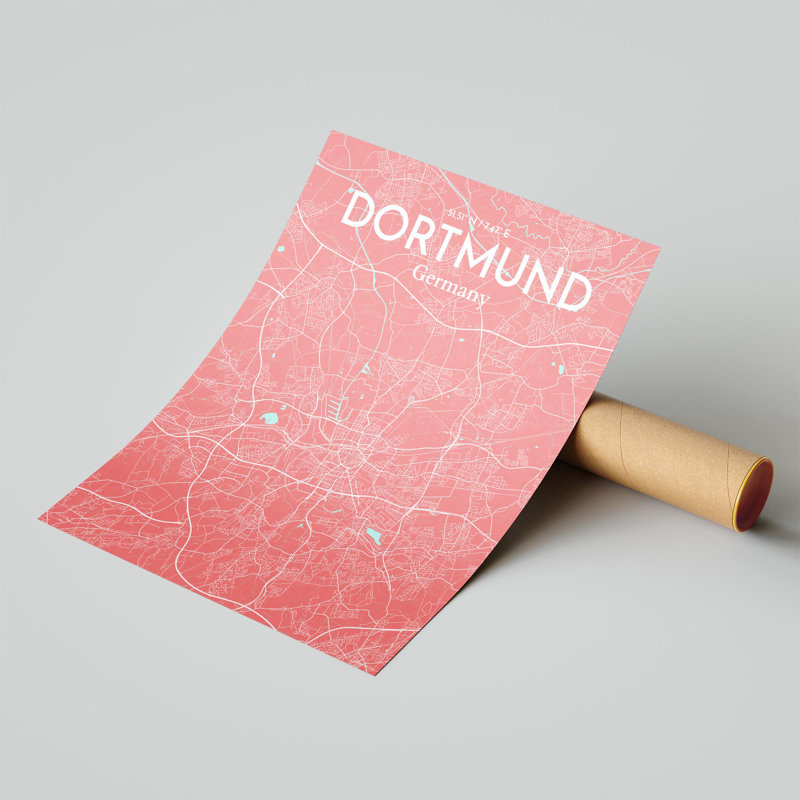 Carte de la ville de Dortmund, impression à Oranje, H 20 po x l 16 po, Rose / bleu pastel