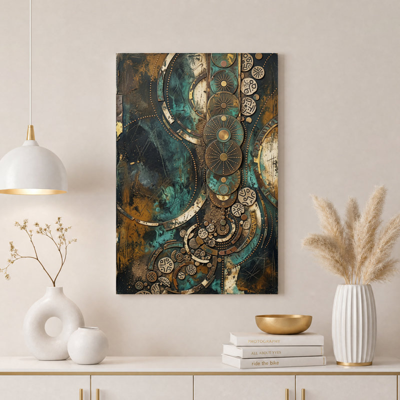 Tableau sur toile aux formes géométriques abstraites turquoise et or, H 36 po x l 24 po