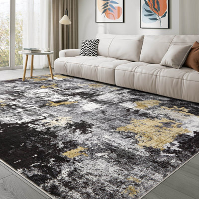 Tapis abstrait moderne lavable à la machine antidérapant noir / gris / or
