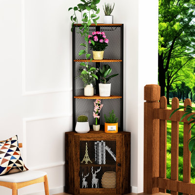 Rustic Brown 65" Corner Shelf With Doors, 6 Tier Storage Shelves & Build, For Bedroom, Living Room Cabinet Wine Glass Rack, Freestanding Shelf, Space Maximizing Kitchen