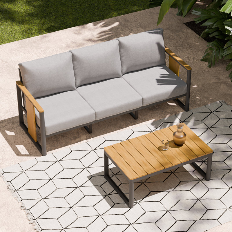 Ensemble de mobilier d'extérieur moderne 2 pièces avec coussins de siège profond et table basse d'appoint en grain de bois clair