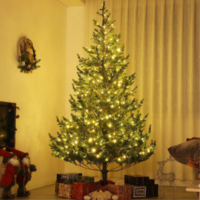 Arbre de Noël artificiel 7 pi, cèdre réaliste clairsemé avec lumières DEL bicolores et 2931 pointes, assemblage facile, arbre de Noël à charnières pour les vacances de bureau à domicile, vert