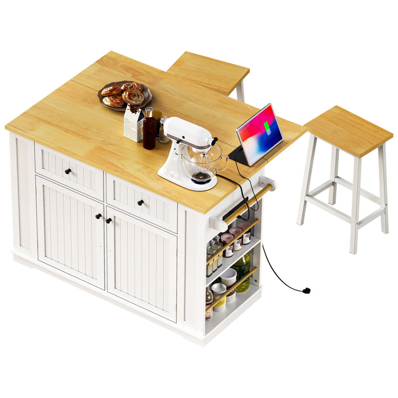 K&K 48inch Large Kitchen Island with 2 Bar Stools, Power Outlet, Door Internal Storage Rack, Kitchen Storage Cart on 5 Wheels with Drop Leaf, 5 Open Side Racks, 2 Drawers,White (Three Packages)