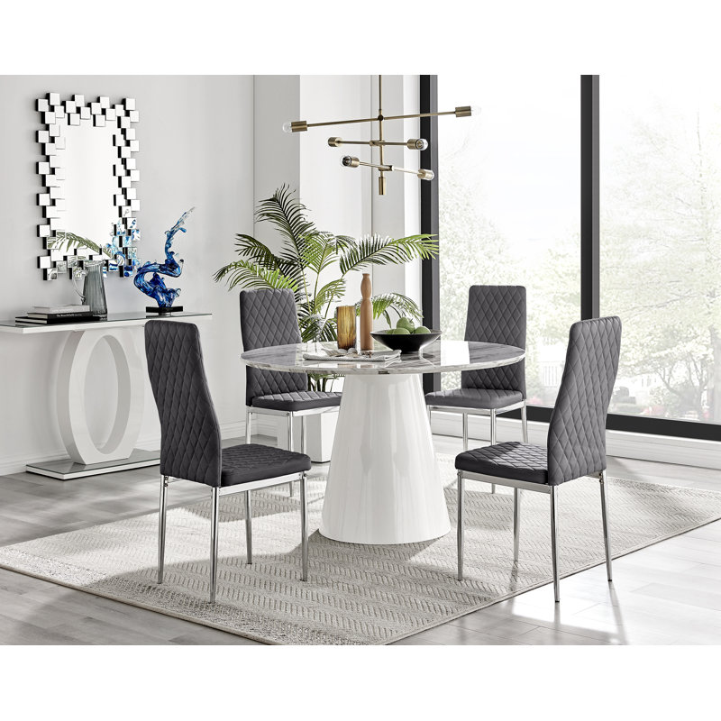 Beca Statement Pedestal Round Dining Table Set & 4 Luxury Velvet Dining Chairs, Grey/Silver
