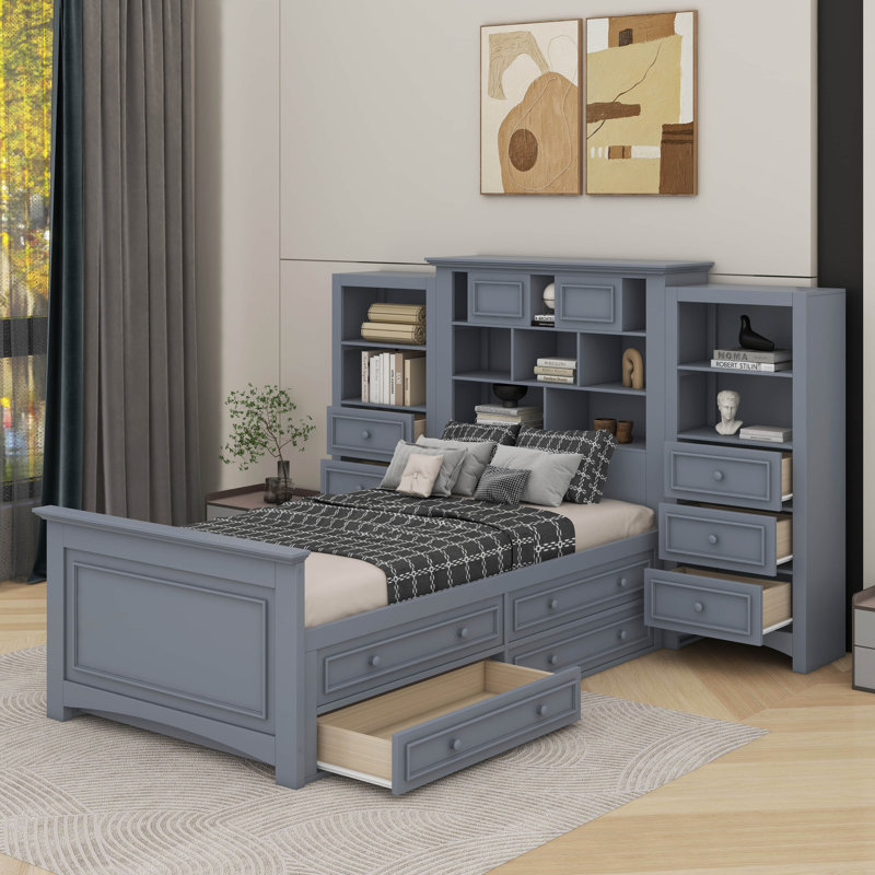 Lit plateforme simple en bois avec armoire verticale et 4 tiroirs de chaque côté, Gris