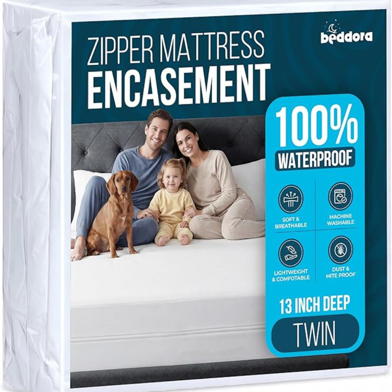  Housse de protection pour matelas simple avec fermeture à glissière - Housse de protection 100% imperméable pour matelas - Housse de matelas à six côtés résistante aux punaises de lit avec tissu respirant doux