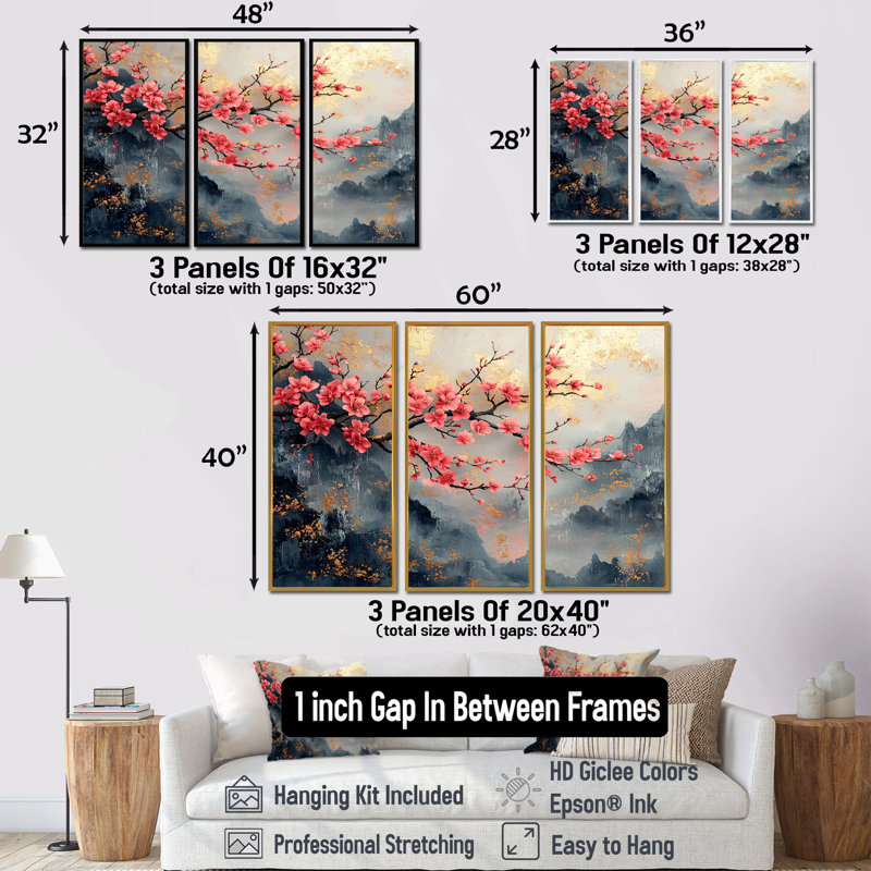 Rose, bleu, cerisier en fleurs, branche en Chine - ensemble d'art mural fleur de cerisier, Toile avec cadre flottant brun