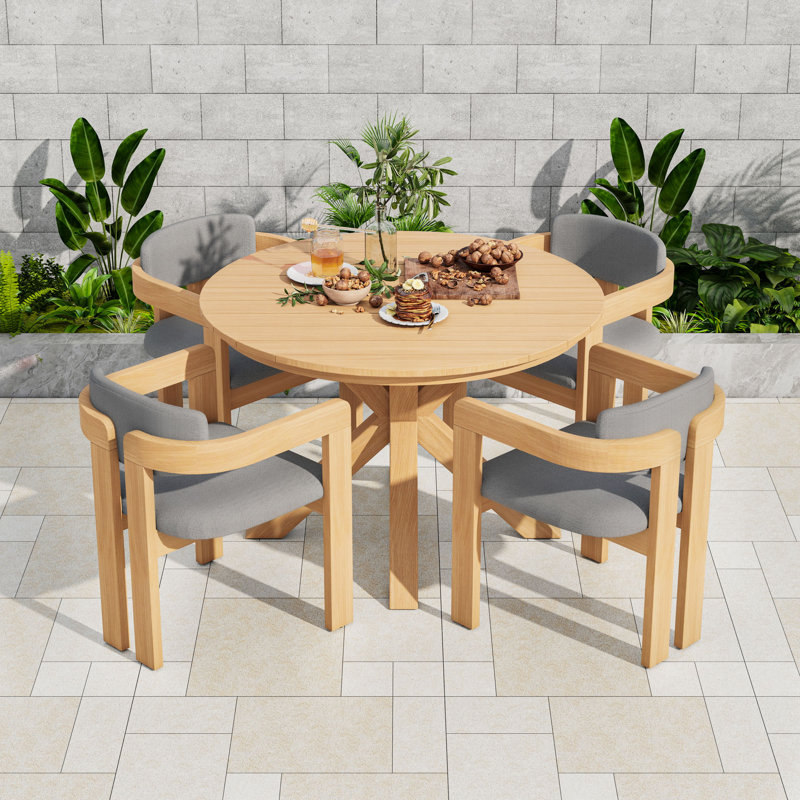 Ensemble repas d'extérieur 5 pièces avec table ronde en bois d'acacia et 4 fauteuils demi-tonneau, Gris