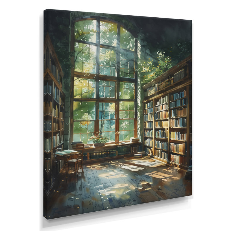 Bibliothèque verte et brune, Quiet Haven II - Art encadré avec bibliothèque, H 16 po x l 32 po, Toile tendue