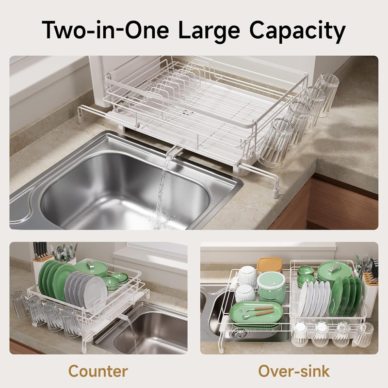 Stainless Steel Dish Strainer with Drainboard, Utensil Holder & Cup Holder for Kitchen Counter, White