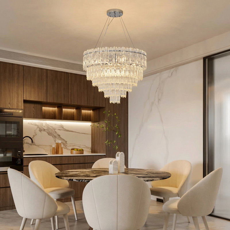 Crystal & Glass Pendant, Height-Adjustable, Sloped-Ceiling Ready, 43cm H × 58cm W × 58cm D, 5 Tiers, 8 Lights