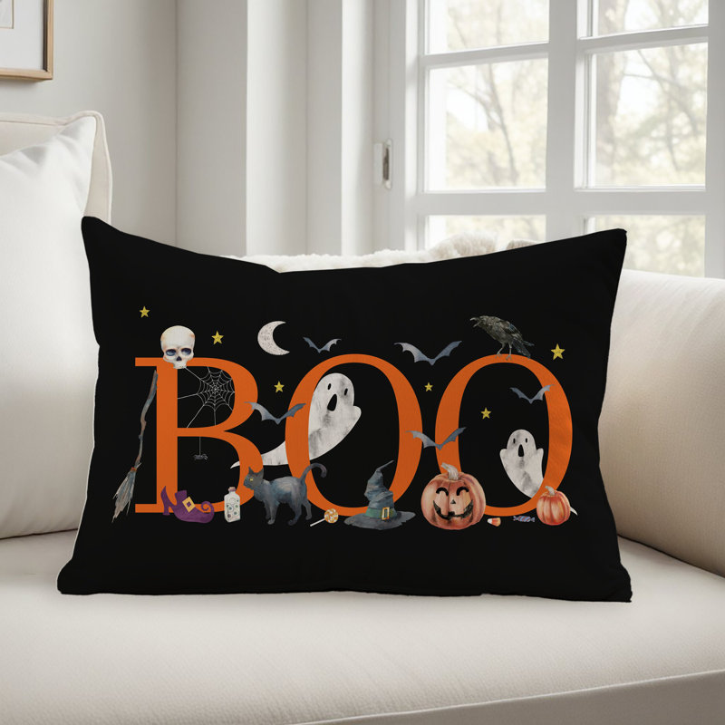 Coussin Spooky, H 14 po x l 20 po, Rectangle, Noir