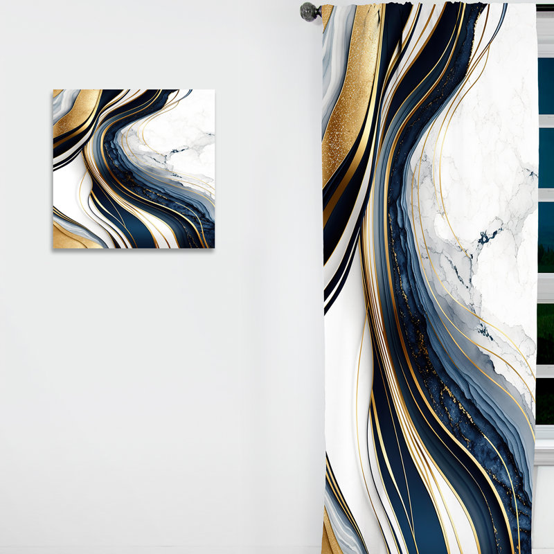 Abstrait géométrique vagues bleues et dorées III - Rideau abstrait occultant moderne - 1 panneau, L 52 po x L 120 po