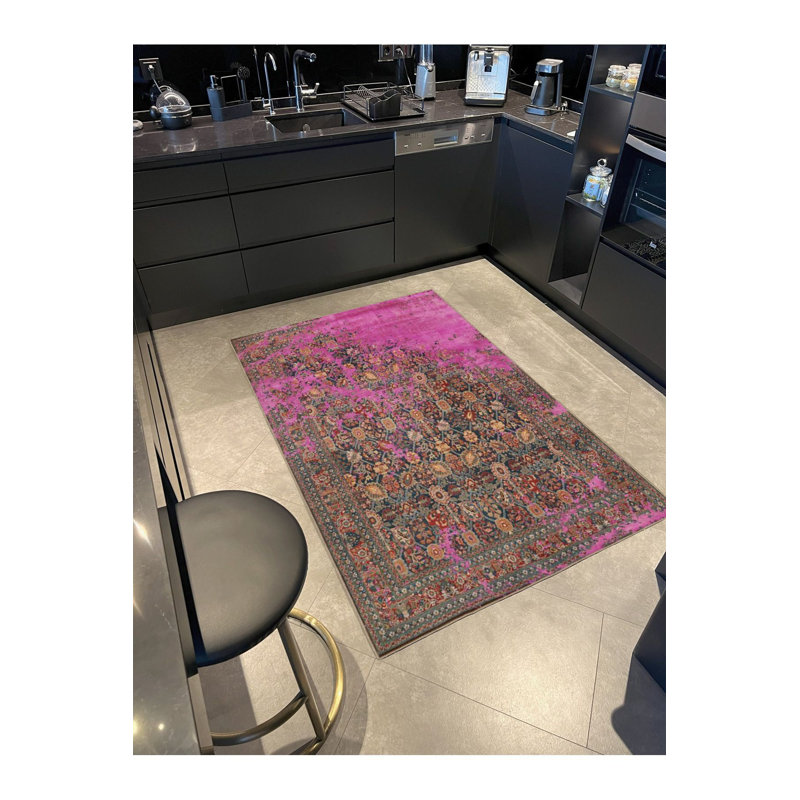 Tapis mauve à motif tissé moderne à motif coloré encadré et lavable, Rectangulaire 3 pi 11 po x 5 pi 11 po