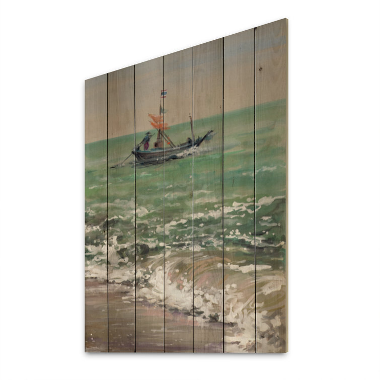 Designart 'Fishing Boat in Green Coastal' Nautical & Coastal Wood Wall Art Panels - Natural Pine Wood - 16 in. Wide x 32 in. High