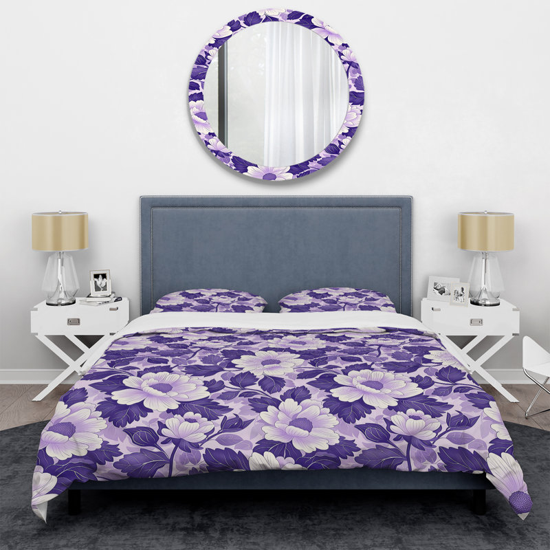 Ensemble de housse de couette mauve à fleur blanche et charme I, Housse de couette très grand + 2 taies décorativ