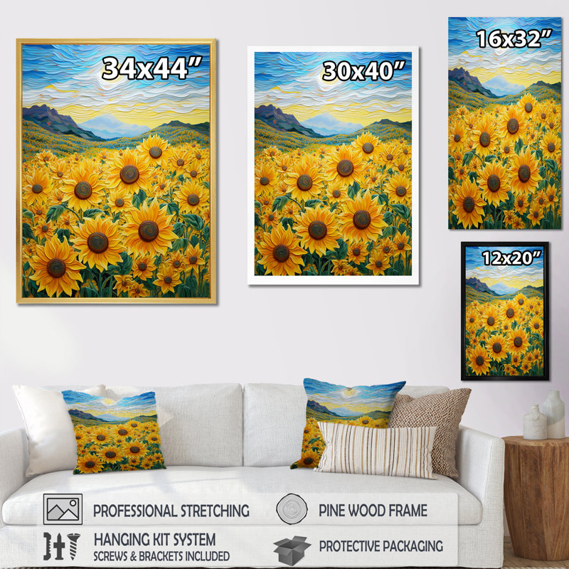 «Vangogh Style Sunflowers Mountains», reproduction sur toile, H 32 po x l 16 po x P 1 po, Toile tendue