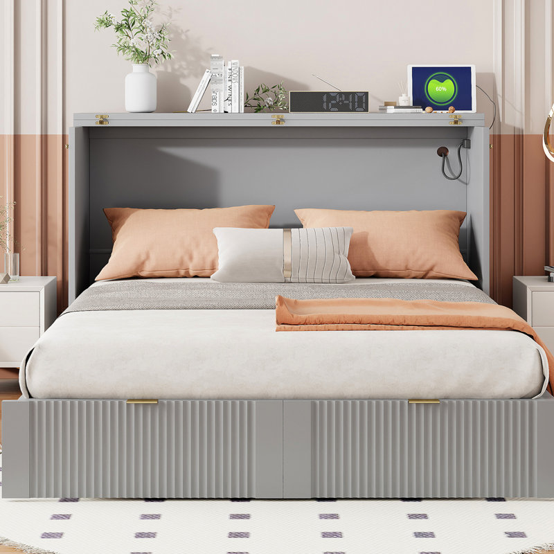 Lit de couleur grise avec tiroir pour un espace paisible dans un espace de gestion pratique, Gris, Lit double