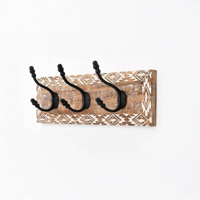 Crochet mural en bois avec crochets en aluminium | Portemanteau mural blanc en bois de manguier délavé | Porte-clés rustique | 18,5 x 6 po