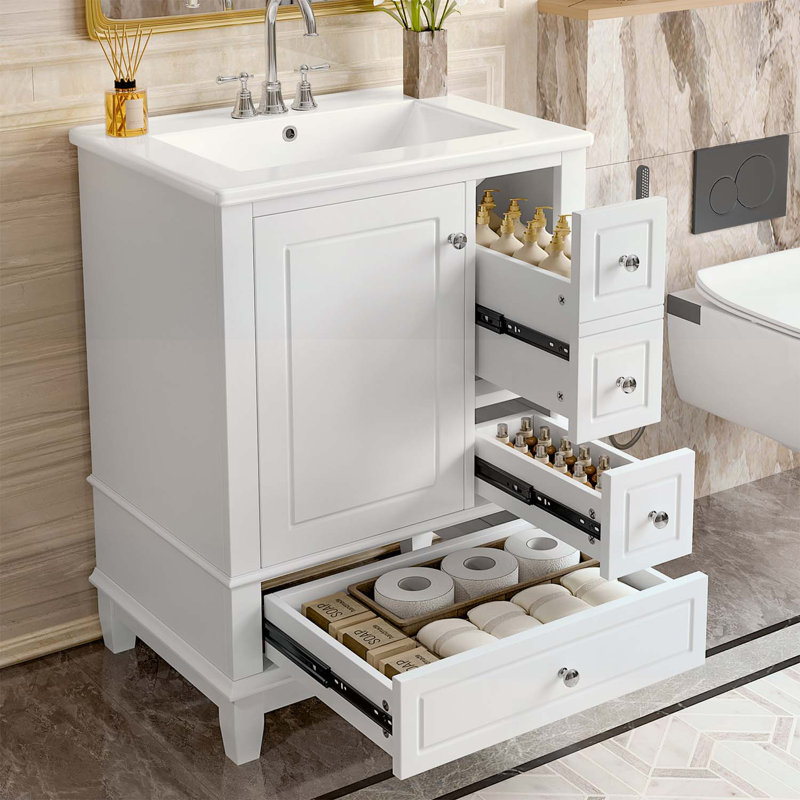 Bathroom Vanity with Ceramic Sink,3 Drawers,Cabinet,and Shelves, White