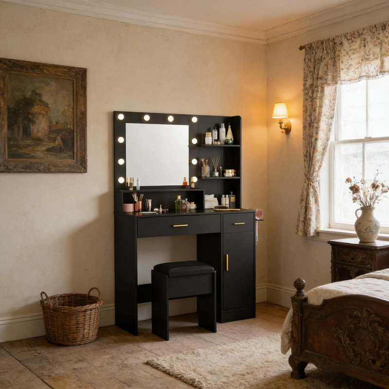 Meuble-lavabo 35,4 pouces avec miroir et éclairage réglable pour les salons et les appartements, Noir