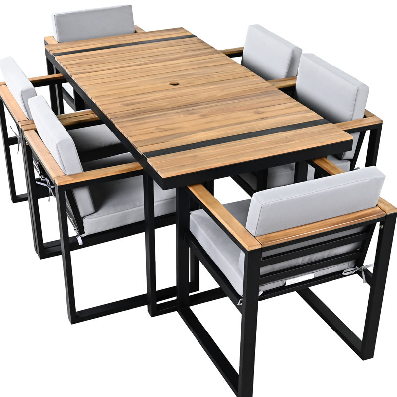 7 tables d'extérieur en gris - table et chaises de patio avec coussins amovibles, composition en bois et en acier, protection imperméable, trou de parasol