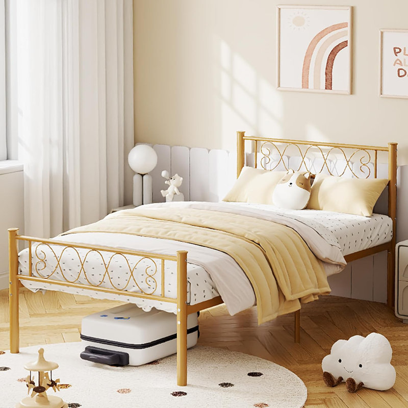 Twin Metal Bed Frame with Heart Headboard & Footboard, Storage, Gold, Gold, Twin