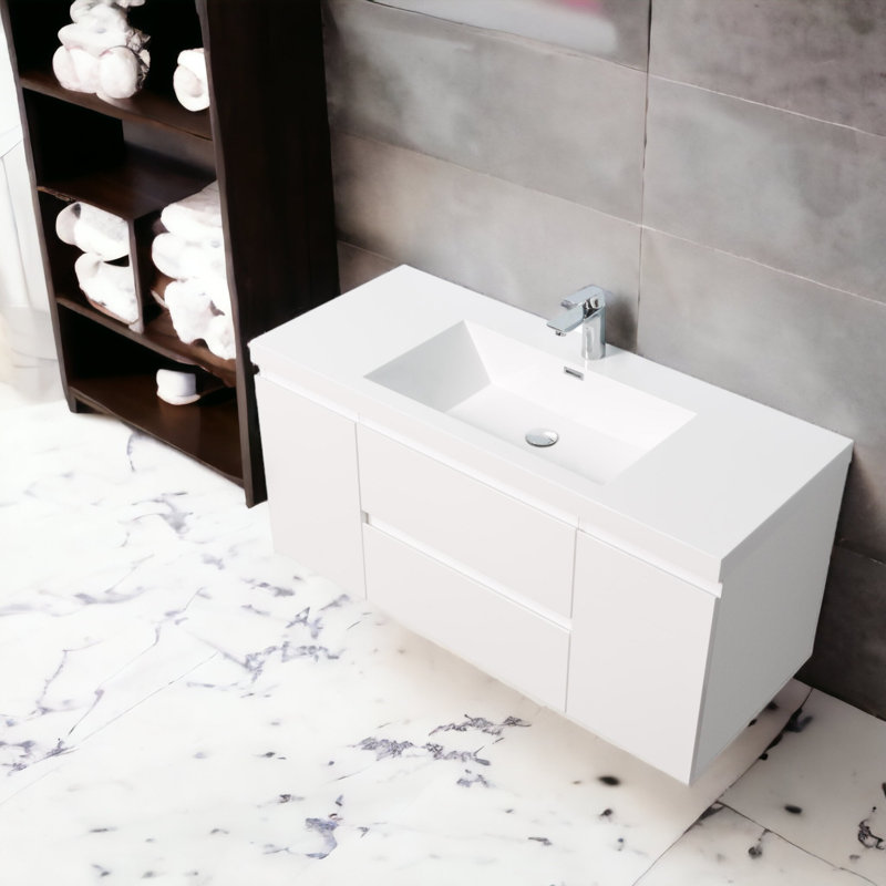 Meuble-lavabo mural simple 47 po avec plateau en résine Stone Carol-Ann, Blanc lustré, Blanc