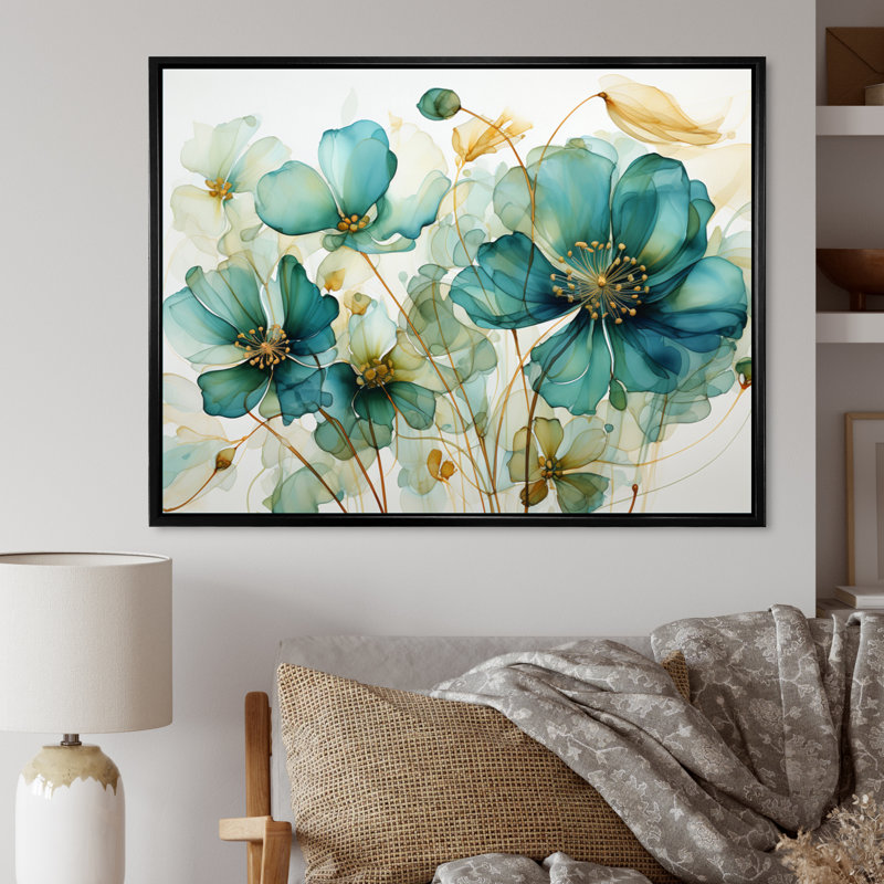 «Teal Green Organic croissance - Abstract Botanicals», art mural, H 12 po x l 20 po x P 1 po, Cadre flottant noir
