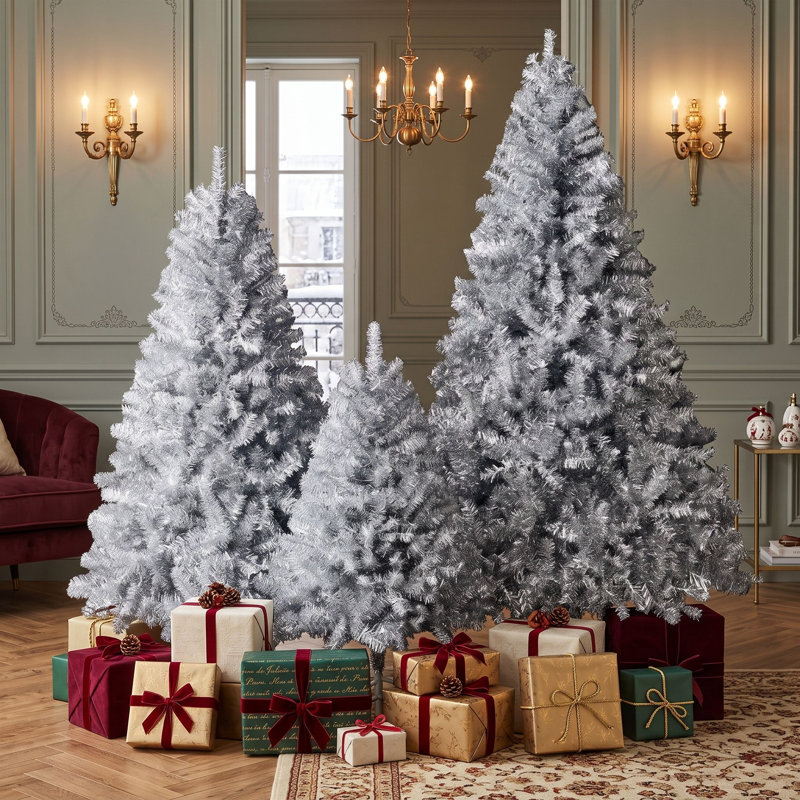 Ensemble d'arbre de Noël articulé artificiel argenté avec 11 modes d'éclairage et branches articulées