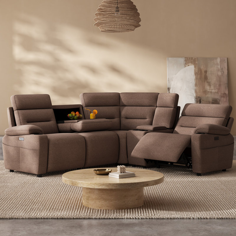 Canapé d'angle en L 4 places de 101,2 po avec inclinaison électrique et double console, marron, Lin brun