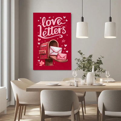 2D Flat, 1Pc Framed Canvas Wall Art, Love Letters, Mailbox and Envelopes, Hand-Drawn Romantic Style Art Print Canvas Poster Painting Room Wall Decor, Ideal Gift For Valentine's Day, Ready To Hang